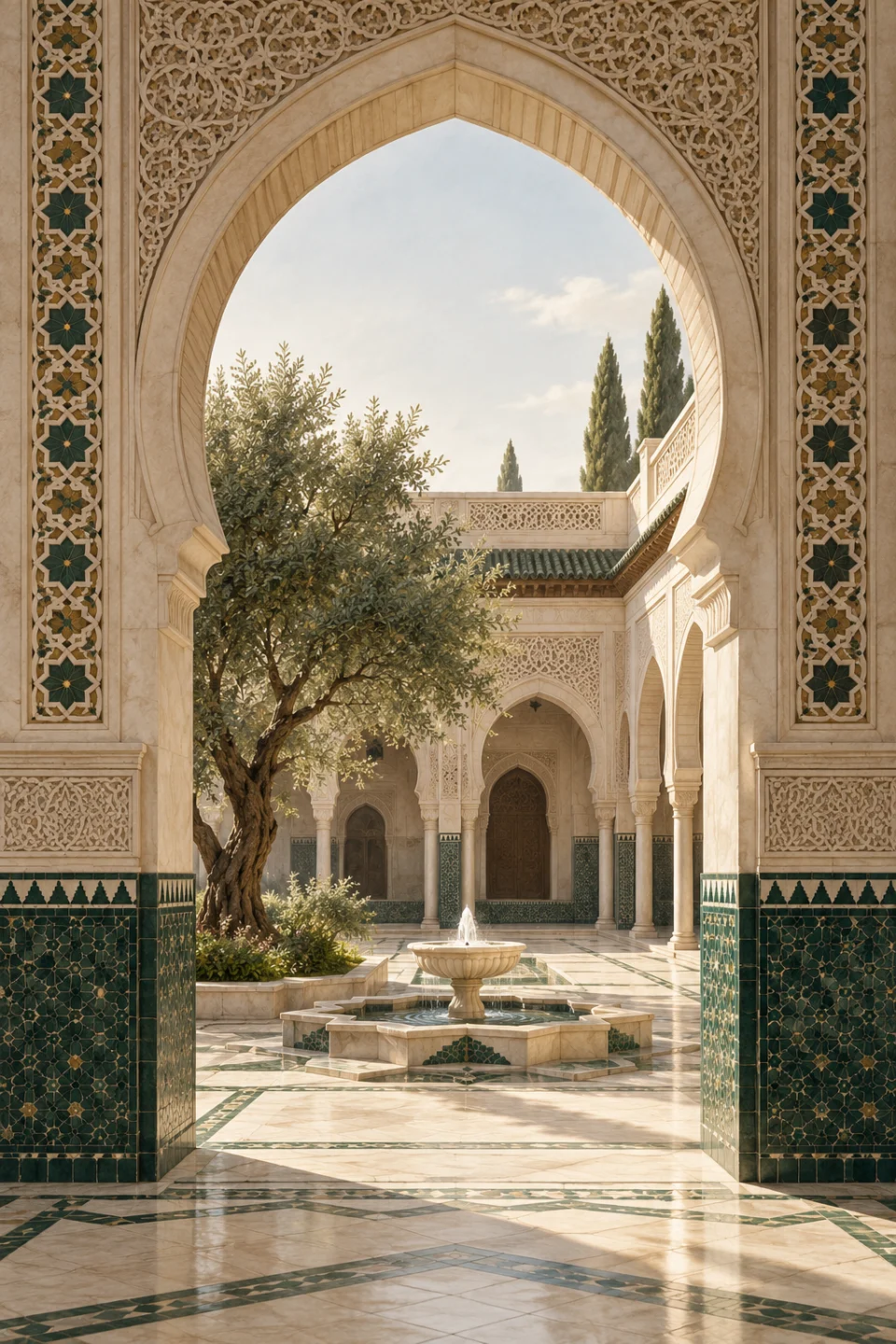 Original architectural illustration of a sunlit Islamic courtyard, framed by a carved arch, with evergreen tiles and an olive tree.